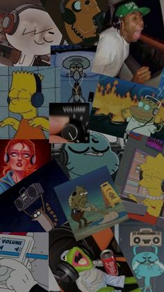 a collage of cartoon characters with headphones on