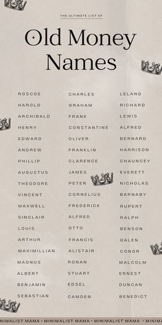 an old money names poster on a white background with black lettering and numbers in the upper left corner