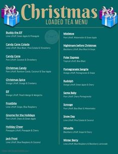 the christmas loaded tea menu with presents on it