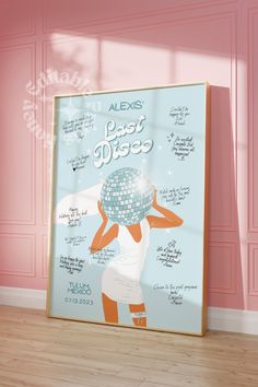 a poster with the words best disco on it in front of a pink wall and wooden floor