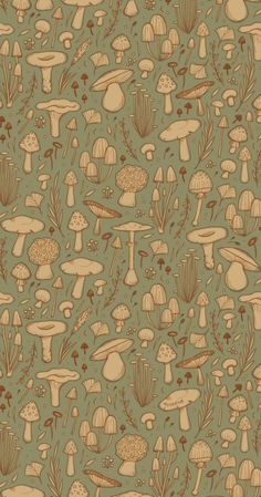 an image of many different types of mushrooms on a green background with leaves and flowers