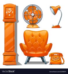 an orange chair, table lamp and clock on a white background with clippings