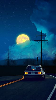 a car is driving down the road at night with the full moon in the background