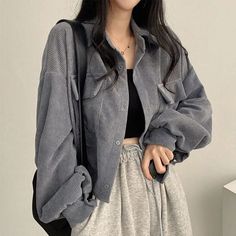 Oversized Korean Fashion, Korean Fashion Chic, Corduroy Blouse, Oversized Crop Top, Ladies Short Jackets, Corduroy Coat, Streetwear Shirts, Korean Fashion Casual, Long Sleeves Coats