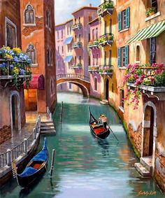 a painting of a gondola on a canal in venice, italy with flowers hanging from the windows