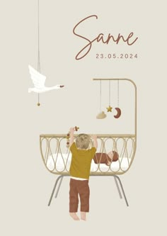 a baby in a crib with a bird hanging from it's side and the words sane above it