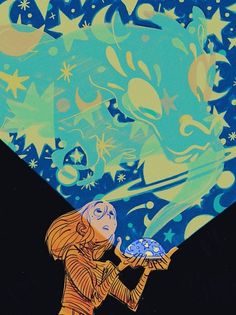 a painting of a girl holding a blue and yellow object in her hands with stars on the background