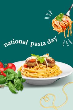 a plate of spaghetti with meat and tomato on it next to a fork that says national pasta day