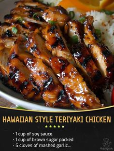 an advertisement for hawaiian style teriyaki chicken on a plate with rice and vegetables