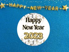 a happy new year badge on a blue background