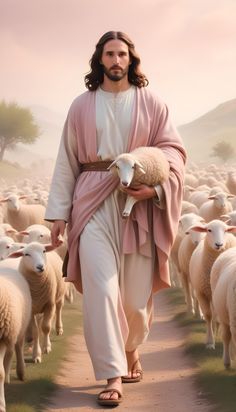 jesus walking with his flock of sheep down the road in front of him on a pink sky day