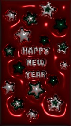 happy new year greeting card with stars and bubbles in red, green and silver colors