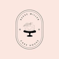 the logo for reese miller cake house is shown in black and white on a pink background