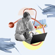 a woman sitting on top of a laptop computer next to two hands holding something in front of her