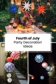 fourth of july party decoration ideas with paper lanterns and wine glasses on the table in front