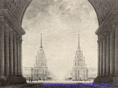 an old black and white photo of two large buildings with pillars in the middle of them