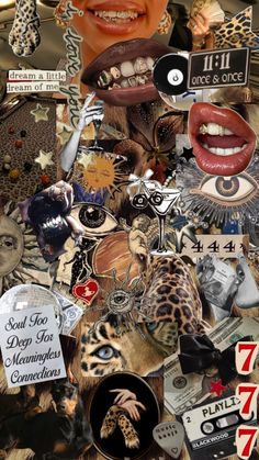 a collage made up of many different pictures and words, including an image of a woman's face