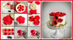 the steps to make a cake with red flowers on top and white frosting in the middle