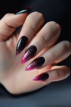 Black Glitter And Pink Nails, Black Nails And Glitter, Black Nails Pink Design, Fuchsia And Black Nails, Hot Pink And Black Ombre Nails, Black And Pink Ombre Nail Designs, Black Pink Glitter Nails, Hot Pink Stiletto Nails Design, Pink Nails And Black