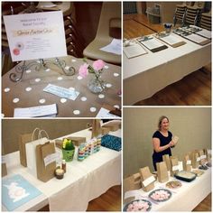 a woman standing in front of a table filled with paper bags and other items on it