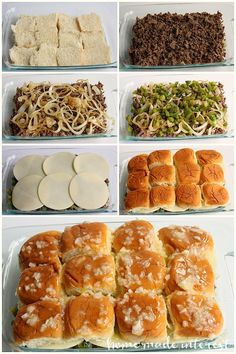 several different types of food are shown in this collage, including breads and buns