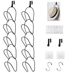 several hats hang from hooks and clips on a white background with other items to make it look like they are made out of wire