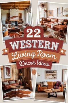 Western-themed living room decor featuring leather sofas, rustic elements, and cowhide rugs, with the text "22 Western Living Room Decor Ideas". Cowhide Rug Decor Ideas, Cowhide Rug Living Room Ideas, Western Inspired Living Room, Classy Western Decor, Western Living Room Decorating Ideas Ranch Style Interior Design, Ranch Decorating Ideas, Simple Western Home Decor, Cowhide Wall Decor, Western Home Ideas