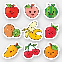 various fruits and vegetables stickers on a white background, each with different face expressions