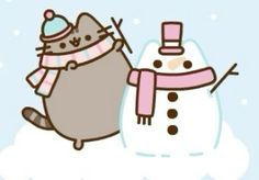 a snowman and a cat are standing next to each other in front of a blue sky