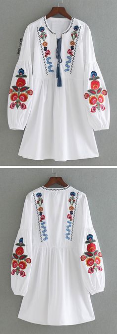 Drop Shoulder Flower Embroidery Tassel Tie Dress Amen Ra, Bohemian Embroidery, Polish Folk, Sleeve Embroidery, Mode Boho, Folk Embroidery, Skirt Maxi, Embroidered Clothes, Embroidery Ideas