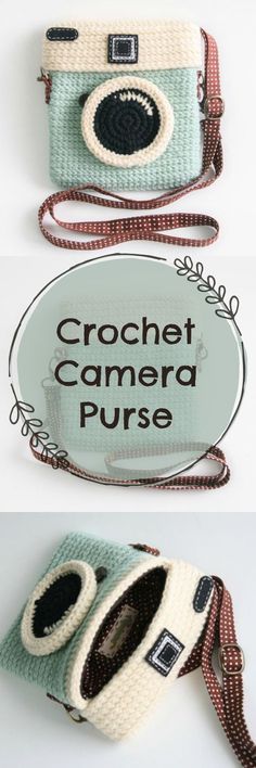 the crochet camera purse is made with yarn