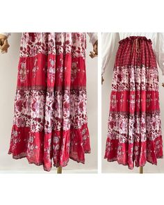 Vintage 70s Indian skirt Made from a indian cotton fabric with a cotton lining on the inside The skirt can be tied around the waist with two laces UK size: 6-12  (xs till L) - US: 2-8 EU: 34-40 Measurements measured flat: Waist: free size, adjustable by tying the laces Length: 85 cm - 33,5" Material: cotton  In perfect condition (only the lining of the skirt has a tear, which you can't see while wearing, see last picture) This item has been washed and steamed so that there are no more unpleasant Bohemian Cotton Skirt, Bohemian Cotton Maxi Skirt, Bohemian Floral Print Maxi Skirt For Festival, Red Bohemian Maxi Skirt, Red Bohemian Tiered Maxi Skirt, Red Bohemian Maxi Skirt For Festival, Red Bohemian Cotton Skirt, Bohemian Red Cotton Skirt, Vintage Tiered Skirt For The Beach