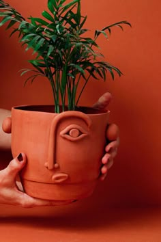 a person holding a clay pot with a plant in the shape of a human face