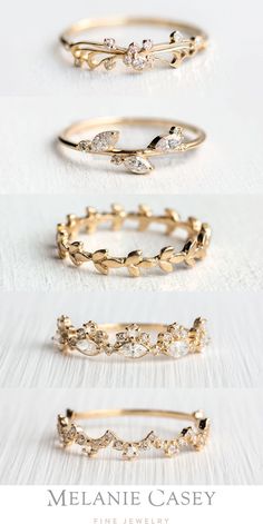 three different types of wedding rings with leaves and diamonds on the sides, one in yellow gold