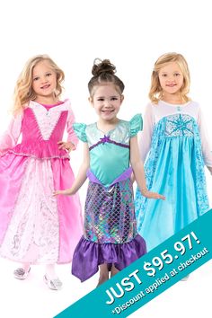 Embark on a magical journey with our Dreamy Princess Set, crafted to kickstart your child's dress-up collection! Featuring three enchanting princesses, this set is bound to awaken a world of creativity and imagination. Prepare for an unforgettable adventure filled with whimsical fun! Includes 1 of each of the following: Sleeping Beauty Dress Up Ice Princess Dress Up Purple Sparkle Mermaid Dress Up **Size Small Does Not Include Gem ⚠️WARNING: CHOKING HAZARD 》 ⚠️WARNING: CHOKING HAZARD - For the s Princess Style Dress For Halloween Role Play, Multicolor Princess Fairy Dress For Dress-up, Princess Role Play Costume For Halloween, Princess Costume For Halloween Role Play, Halloween Princess Costume For Role Play, Disney Princess Dress For Dress-up, Princess Mermaid Dress For Costume Party, Princess Style Mermaid Dress For Costume Party, Princess Style Dress For Costume Party