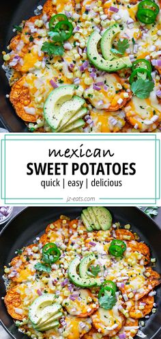 mexican sweet potatoes in a skillet with avocado Mexican Sweet Potato, Potatoes Loaded, Food Potatoes, Mexican Sweet Potatoes, Mexican Side, Comfort Recipes, South American Recipes, Sweet Potato Recipe