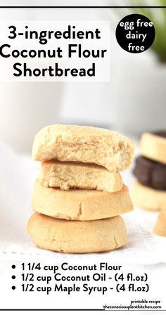 three ingredient coconut flour shortbread cookies stacked on top of each other with text overlay