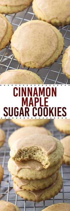 cinnamon maple sugar cookies on a cooling rack with the title text overlay reads, cinnamon maple sugar cookies