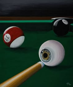 a painting of billiard balls and eyeballs on a pool table with a cue