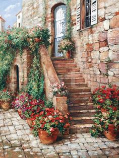 a painting of some flowers in pots on the side of a stone building with stairs