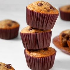 chocolate chip muffins stacked on top of each other