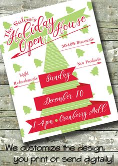 the holiday open house flyer is displayed on a wooden table with an image of a christmas tree