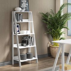 a white book shelf sitting next to a plant on top of a hard wood floor