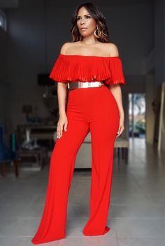 Evelyn Red Pleated Off Shoulder Top Jumpsuit Gold Belt, Red Zone, Red Jumpsuit, Off Shoulder Top, Long Sleeve Jumpsuit, Fall Style, Off Shoulder Tops, Quinceanera Dresses