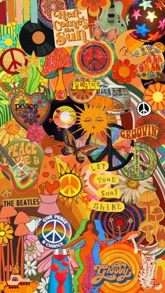 a collage of various items and symbols in the shape of peace signs, flowers, sunbursts, trees