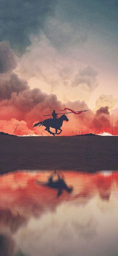 a man riding a horse across a lake under a sky filled with pink and orange clouds