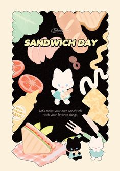 an advertisement for sandwich day with cats and other food items on the side, including sandwiches