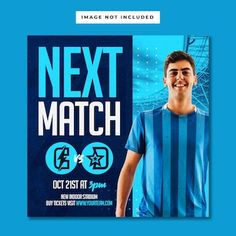 an advertisement for a soccer match with a young man in blue and white striped shirt