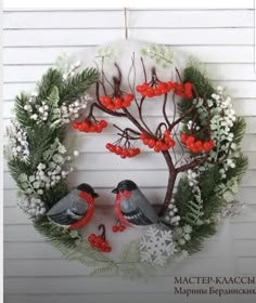 two birds are perched on the branches of a wreath