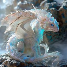 a white dragon statue sitting on top of a rock